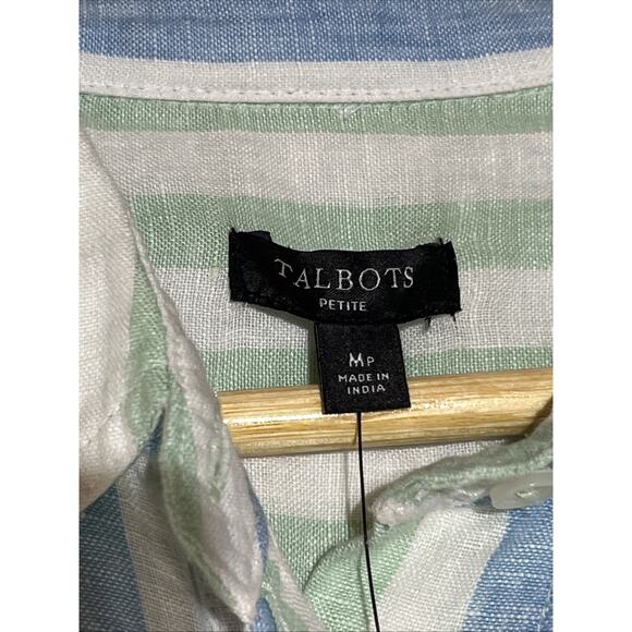 Talbots Linen Shirt Womens MP Striped Blue Green Cropped Boxy Button Up Blouse - Picture 11 of 14